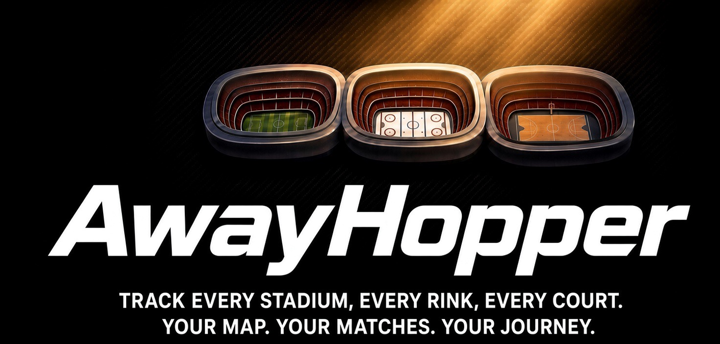 Logo AwayHopper : trois stades de football, hockey et basket