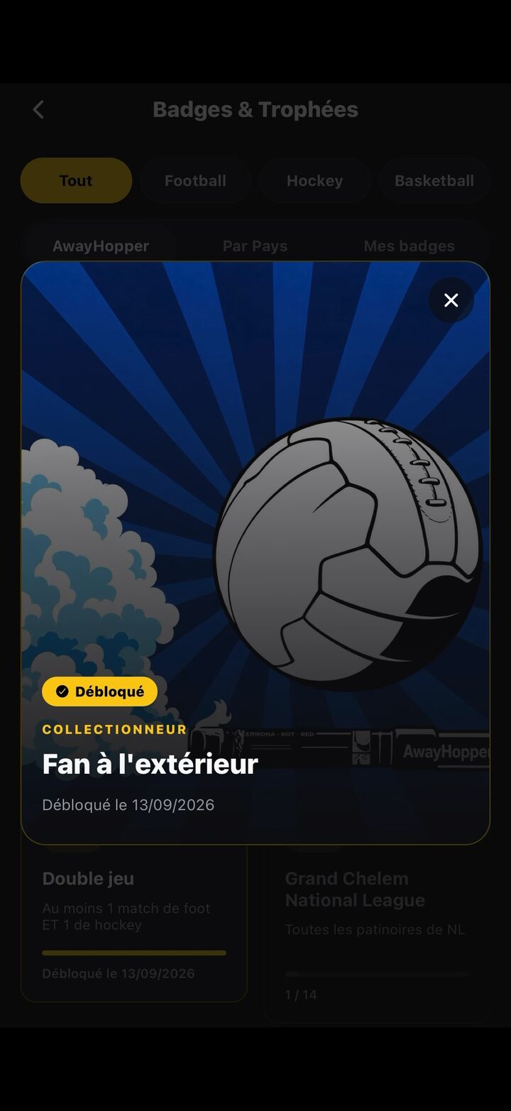 Capture d'écran AwayHopper — Badges débloqués