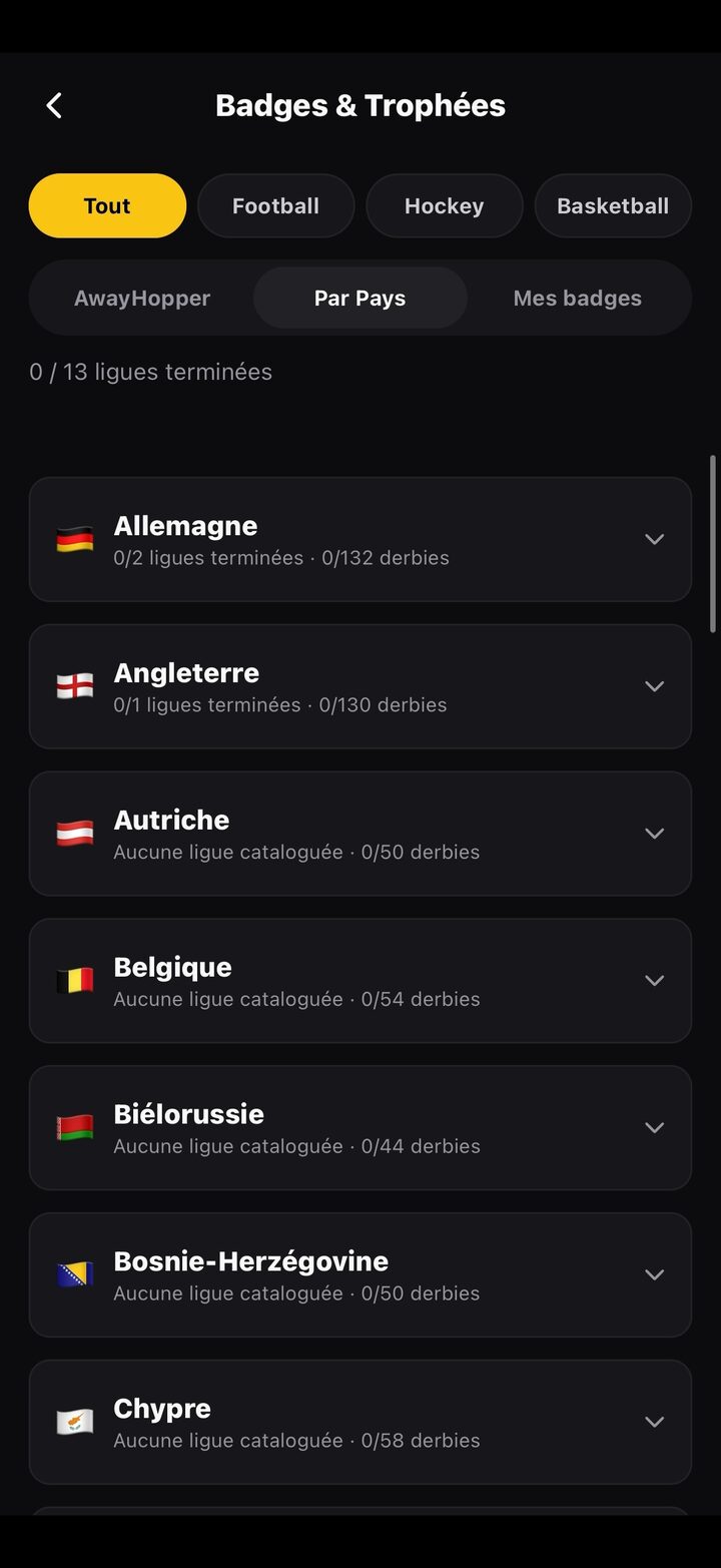 Capture d'écran AwayHopper — Badges par pays